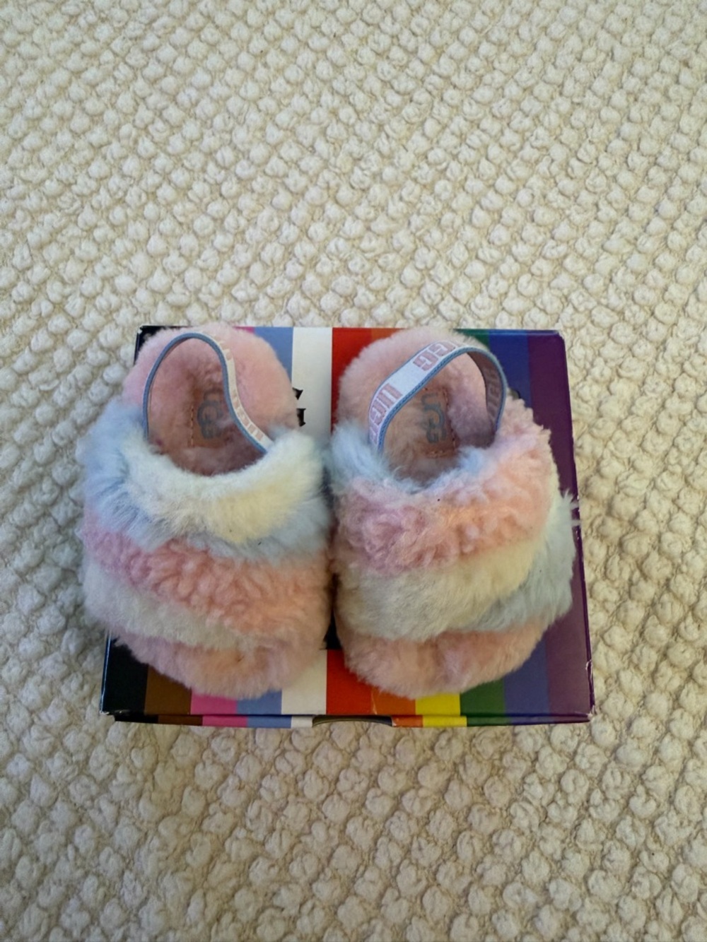 UGG Kids Pastel Rainbow Fuzzy Slide Slippers - Pink/Blue/Cream